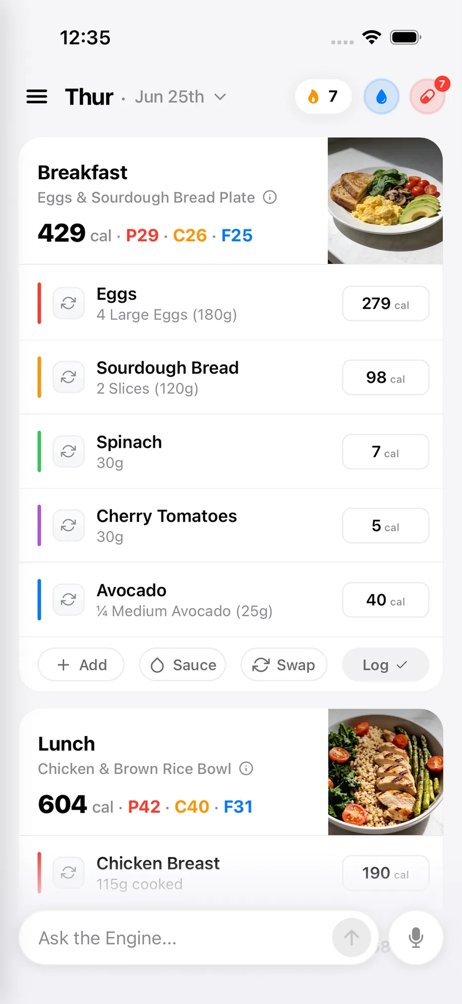 A day's meal plan in Meal Engine with macros and meal cards